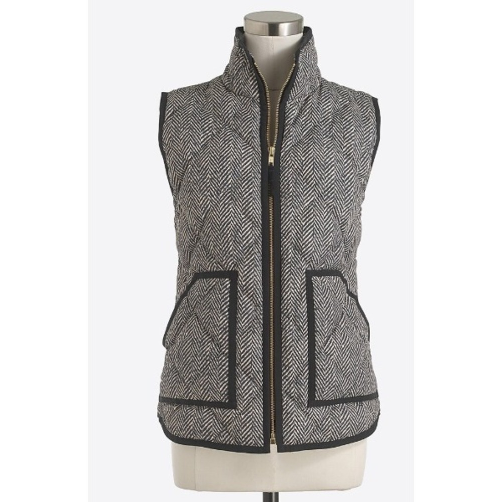 J.Crew Printed Quilted Puffer Vest Women Small Black White Herringbone Zip G7626